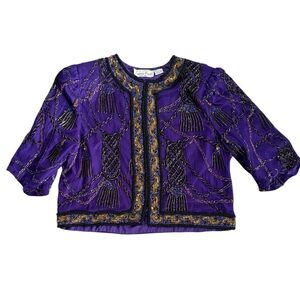 Laurence Kazar Beaded Evening Jacket - Purple & Gold Silk-Vintage XL